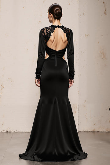 Black Mermaid Cut Out Long Sleeve Evening Dress With Lace